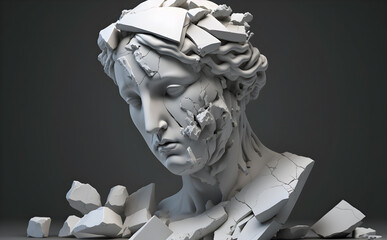 A shattered marble head of a female Greek statue, Generative AI