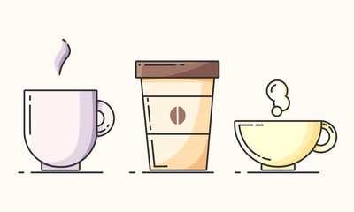 Collection of vector flat cups of coffee,tea,takeaway.Logo,print trendy linear style