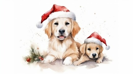 Watercolor illustration of Cute dog with a baby dog in santa claus hat. Generative AI