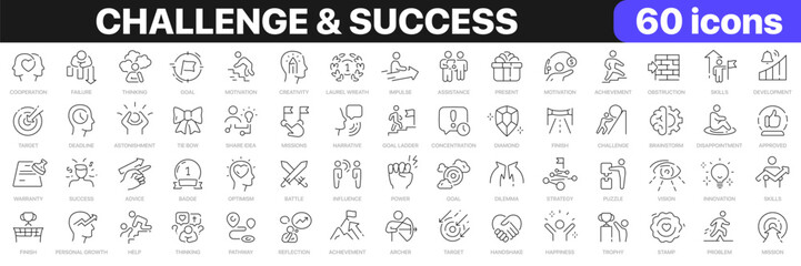 Challenge and success line icons collection. Cooperation, goal, strategy, vision, finish icons. UI icon set. Thin outline icons pack. Vector illustration EPS10