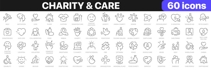 Charity and care line icons collection. Positive, donation, organization, donor icons. UI icon set. Thin outline icons pack. Vector illustration EPS10