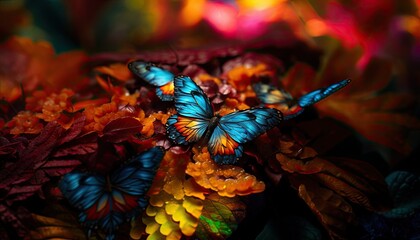 Photo of a colorful display of butterflies on vibrant flowers in a garden