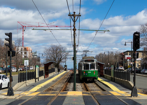 MBTA Green Line Surface-Level Trolley Stop at Washington St., on March 26, 2023, Boston, Massachusetts, USA