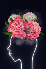 Head silhouette peony flowers clouds thoughts modern creative art collage. Mental health concept Selfcare Psychology Mindfulness Positive thinking. Stress Spiritual healing Harmony Well-being Balance.
