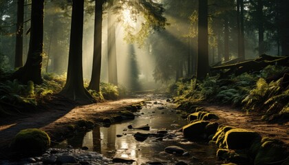 Photo of a serene stream flowing through a vibrant green forest