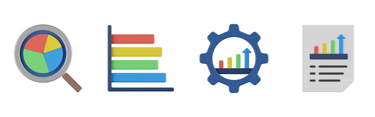 3d search analysis, 3d bar chart, 3d analysis report. Analytics 3d render set. Transparent background