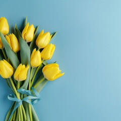 Bouquet of yellow tulips on blue background with copy space