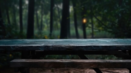 outdoor table top and the forest in the background on a rainy day