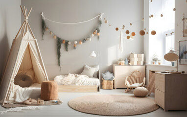 Fototapeta na wymiar Kids' bedroom with a Scandinavian Nordic design, Generative AI