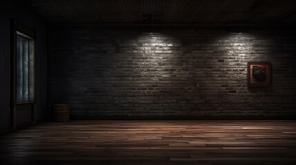 dark and moody lighting room with black bricks and black paint, beautiful dark room with wall lamp and dramatic lighting, best for background concepts and ideas for business presentation background