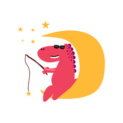 cute dinosaur fishing the star for tee print and background wallpaper