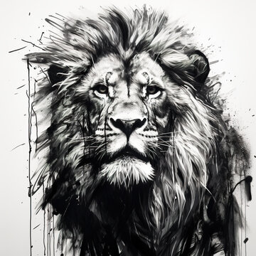 A black and white drawing of a lion. Generative AI.