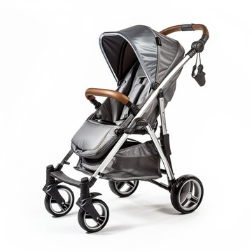Modern baby stroller isolated on a plain background. It has special features such as being covered properly and having a brake gear.
