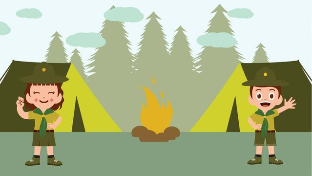 boy and girl scouts are camping happily, Scout Camp animation background, 4k Video