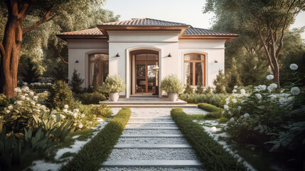 Fototapeta premium 3D render roman style, Home and Garden Embracing the Timeless Elegance and Tranquility, Creating a Harmonious Fusion of Indoor and Outdoor Spaces