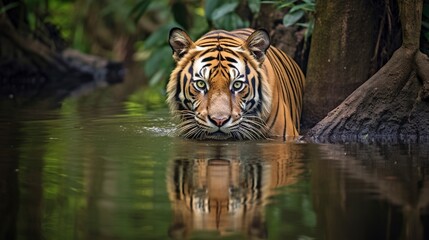 Fototapeta na wymiar Exquisite Bengal tiger amidst a backdrop of lush green habitat