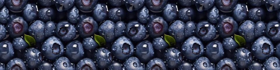 Food photography background banner panorama long texture seamless pattern - Summer fruits blueberry - Closeup of ripe blueberries branches with water drops, top view (Generative Ai)