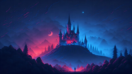 mysterious foggy landscape with castle at night generative ai
