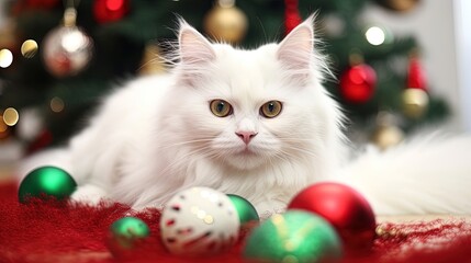Angora cat with baubles, christmas tree in background, adorable kitty sitting with xmas decoration around. Blur bokeh. Celebration, happy new year. 