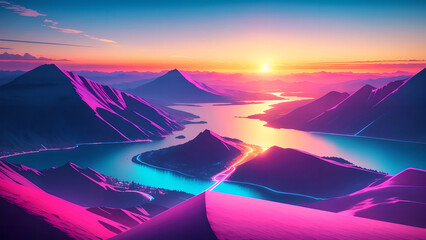 Synthwave Horizons Digital Retro Summer Landscapes - Embracing the Nostalgic 80s Aesthetic with Mountains, Sunsets, and Vibrant Retrowave Vibes, generative ai