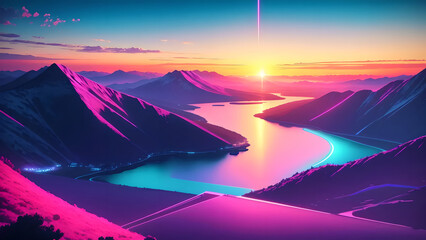 Synthwave Horizons Digital Retro Summer Landscapes - Embracing the Nostalgic 80s Aesthetic with Mountains, Sunsets, and Vibrant Retrowave Vibes, generative ai