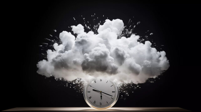 Alarm clock on fluffy white clouds and black background, time management concept, time of life, relax time to travel, deadline, generative ai