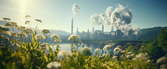 Industrial landscape with a large plant on the background of blue sky