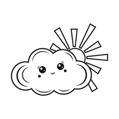 The character of the sun behind a doodle-style kawaii cloud, black outline, isolated vector