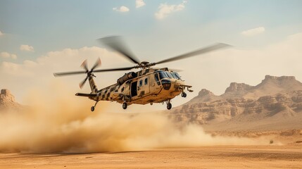 The military helicopter flies over the combat zone, carrying out its mission for the army, before landing in the desert