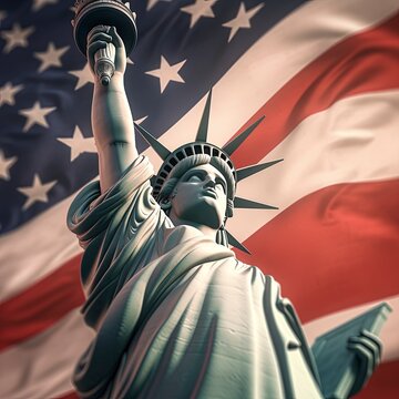 Statue of liberty with american flag