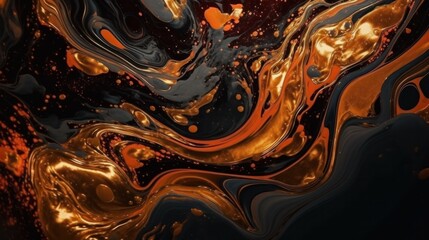Luxury orange, black and gold liquid marble texture background