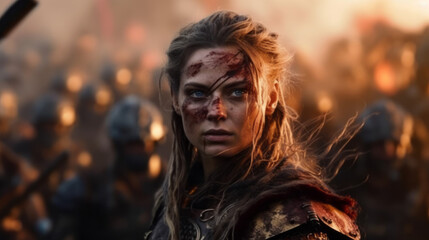 portrait of a person on battlefield, a beautiful woman warrior after battle, generative ai