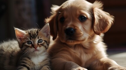 Cute puppy and kitten next to each other
