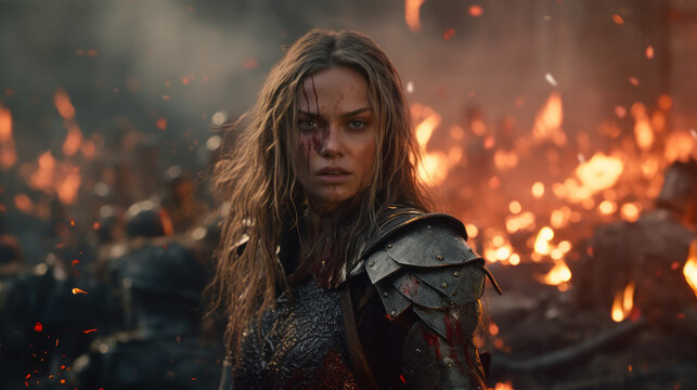 portrait of a person on battlefield, a beautiful woman warrior after battle, generative ai