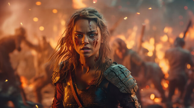 portrait of a person on battlefield, a beautiful woman warrior after battle, generative ai