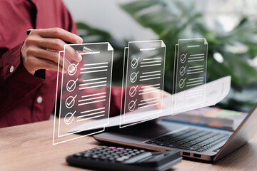 Smart electronic documents and technology without paper concept, Teacher women check mark on smart document Teaching evaluation form, academic Evaluation of employees effectively