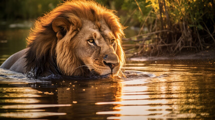 portrait of a lion, image of lion drinking a water in sunset, generative ai