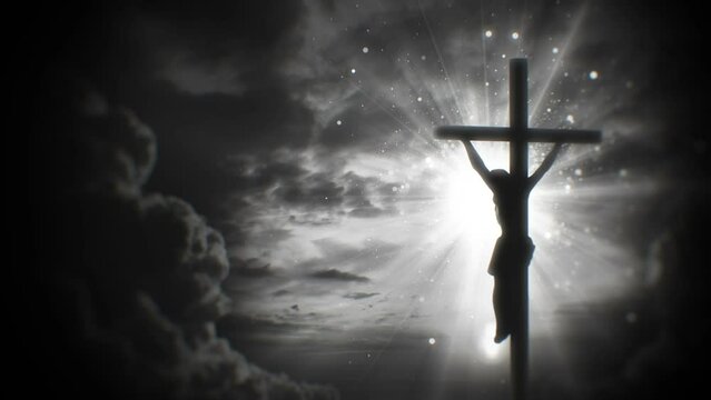 Worship background with crucifixion jesus christ and heaven light particle on sunrise cloud