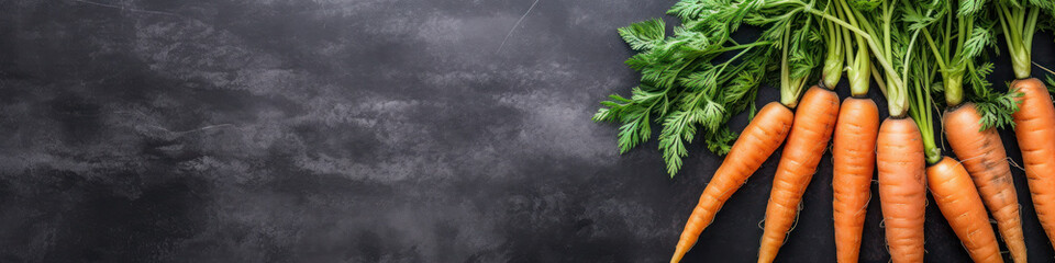 banner. fresh carrots lying on concrete table. food background. place for text, top view. generative ai, ai generative