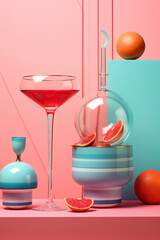 alcoholic, refreshing cocktails on a pink and blue geometric background. modern party, minimalism. generative ai
