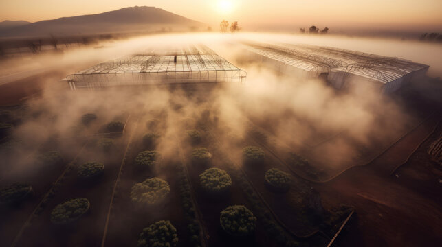 a cinematic image of greenhouses with sunrise, generative ai