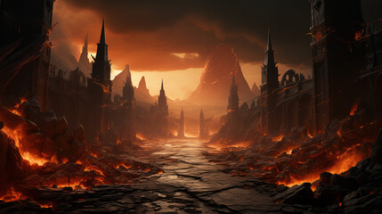 Naklejka premium ruins of the church of the holy sepulchre, apocalyptic ruins in red light, generative ai