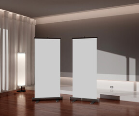 Empty realistic Roll up or X banner mockup for advertising or promotion. indoor and light effect