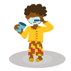 flat cartoon, black boy wearing yellow clothes In activities to wash your face, brush your teeth, etc. in the morning.