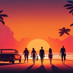 Friendship day, Silhouettes group of friend walking on beach at sunset, suitable for celebrate friendship day by generative ai