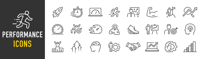 Performance web icons in line style. Speed, improvements, charts, boost, power, collection. Vector illustration. - obrazy, fototapety, plakaty
