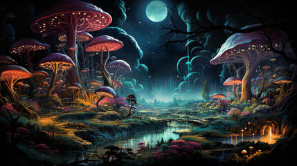 magic of the world, a magical forest full of mushrooms and creatures with moon in background, generative ai