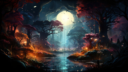 Fototapeta premium magic of the world, a magical forest full of mushrooms and creatures with moon in background, generative ai