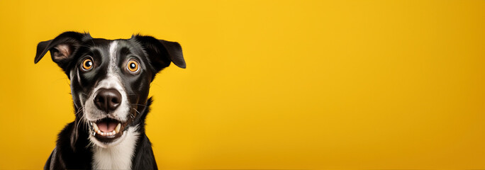 Dog looking surprised, reacting amazed, impressed, standing over yellow background - obrazy, fototapety, plakaty