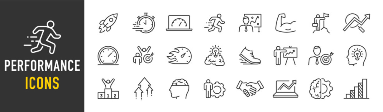 Performance web icons in line style. Speed, improvements, charts, boost, power, collection. Vector illustration.